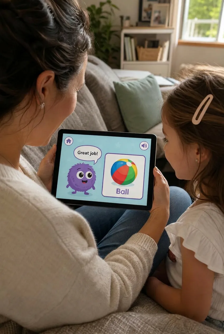 Mother and daughter playing TalkieTalk on a tablet together