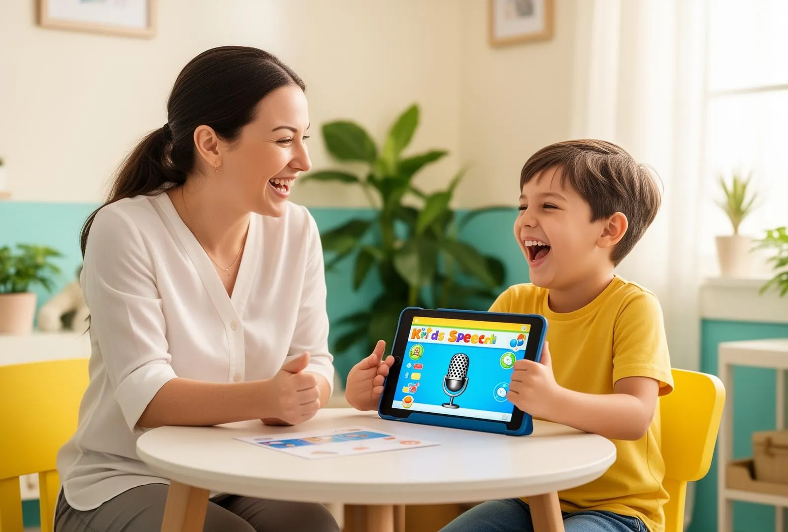 Speech therapist laughing with a child using TalkieTalk
